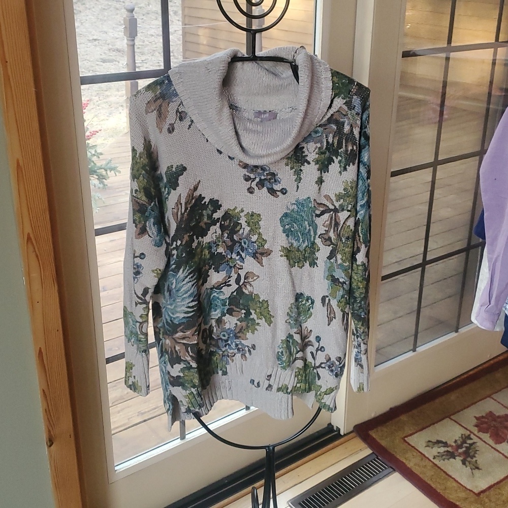 J. Jill Floral Landscape Cowl Neck Sweater Womens Large Petite Cotton Blend Knit